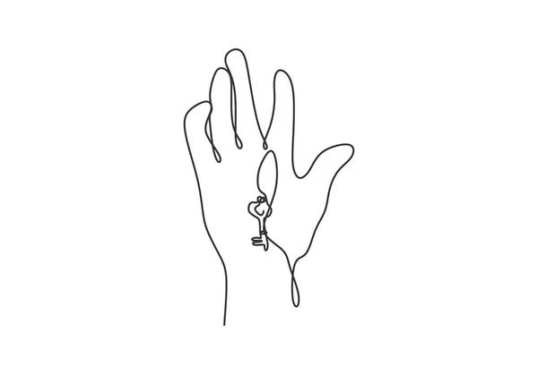 Ciągła linia rysunek ręka trzyma klucze do samochodu lub Apartament znak ilustracji wektor i symbol — Wektor stockowy