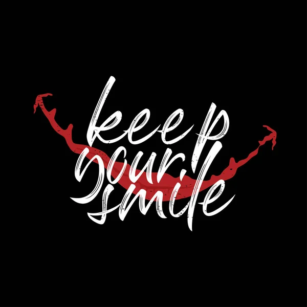 Illustrazione vettoriale Letteratura e calligrafia. Citazione motivazionale di Keep your smile. Texture tipografica a mano su sfondo nero. Buono per maglietta, felpe con cappuccio, poster, banner e abbigliamento . — Vettoriale Stock