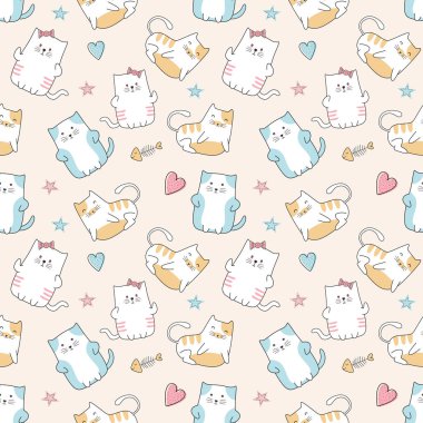 Sevimli kediler sorunsuz desen karikatür komik karakter çizim. Vektör illüstrasyon çocuklar ve bebek moda tekstil baskı için hazır.