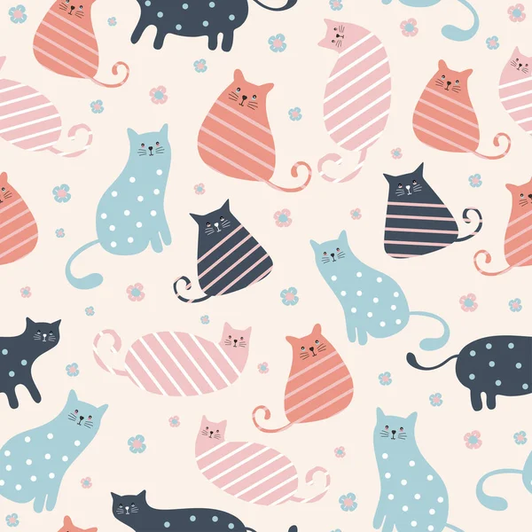 Bebek ve çocuk moda tekstil sarma ve baskı için renkli pastel renkler kreş arka plan ile Sevimli kediler sorunsuz desen. Vektör illüstrasyon el çizilmiş İskandinav tarzı çizim.