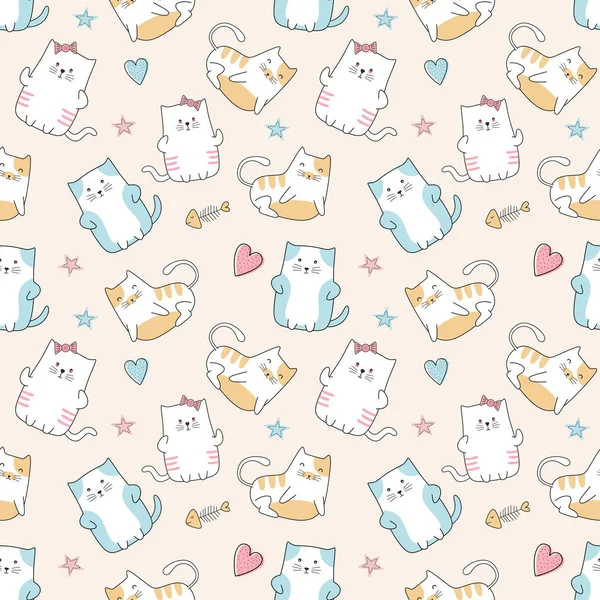 Niedlichen Katzen nahtlose Muster Cartoon lustige Charakterzeichnung. Vektor Illustration bereit für Kinder und Babymode Textildruck. — Stockvektor