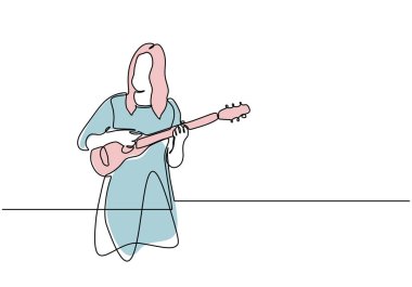 Ukulele gitar akustik vektör illüstrasyon sevimli kroki el çizilmiş lineart oynayan kız sürekli bir çizgi çizim.