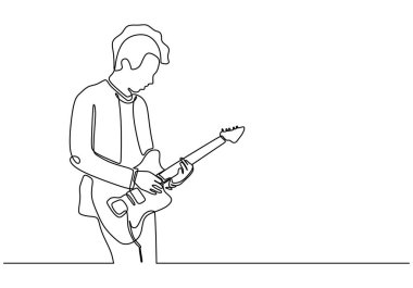 Elektrik gitar enstrümanı çalan adamın sürekli bir çizgi çizimi. Vektör minimalizm tasarımı.