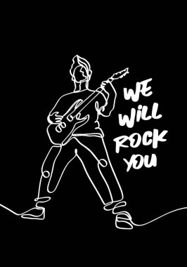 Rock müzik teması vektör illüstrasyon. Slogan: sizi sarsacağız. Vintage tasarım. Sürekli elektrik gitar çalan adam. Tipografi, t-shirt grafikleri, baskı, poster ve afiş.