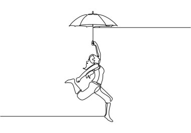 Şemsiye minimalist tasarım vektör illüstrasyon minimalizm tarzı lineart tutan kız atlama sürekli bir çizgi çizim.