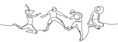 Dört atlama mutlu insanların sürekli çizgi çizim. Takım üyeleri özgürlük, kutlama ve tezahürat vektör illüstrasyon kendi yaşam metafor zevk atlamak. Bir el çizilmiş tek kroki.