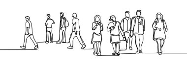 Kentsel commuters bir sürekli çizgi minimalizm tasarım çizim el çizilmiş vektör illüstrasyon çizim. Çalışma saatinden önce veya sonra yürüyen kişiler.