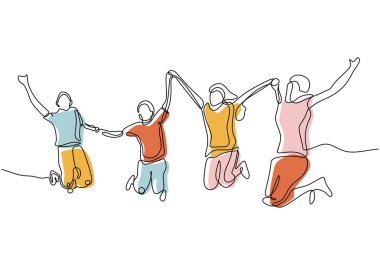 arkadaş bir grup sürekli çizgi çizim sevinç vektör illüstrasyon minimalizm tasarım lineart ile atlama keyfini çıkarın.