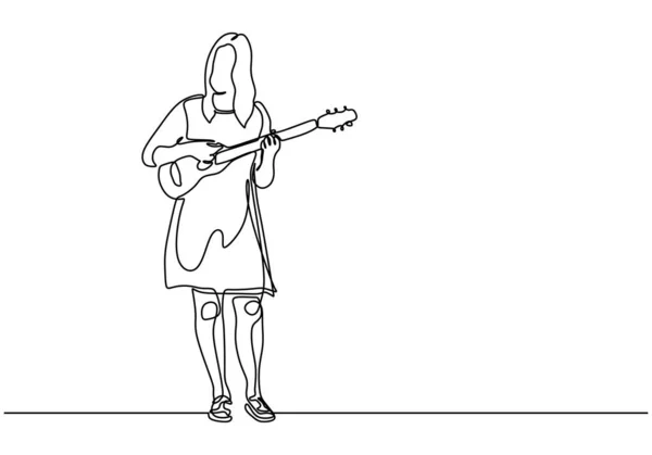 Ligne continue jeune fille joue Ukulele thème de la musique une main dessin illustration vectorielle. Femme mignonne et belle debout sur scène performance . — Image vectorielle