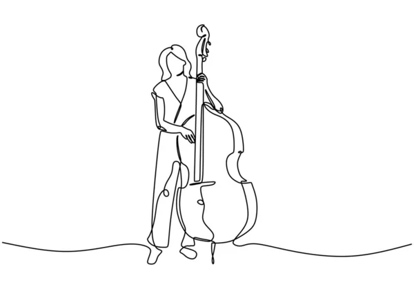 Dessin continu d'une ligne du violoncelle basse joueur d'instrument de musique. Fille jouer classique contrebasses vectoriel illustration croquis mignon dessiné à la main lineart . — Image vectorielle