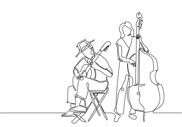 Un dessin linéaire de personnes jouant de l'instrument de musique classique. Homme avec guitare acoustique et fille avec contrebasse isolée sur fond blanc. Croquis linéaire continu illustration vectorielle de dessin . — Image vectorielle