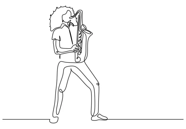 Fortlöpande en fodra teckning av manen som blåser saxofon. Stående person som spelar jazzmusik instrument. — Stock vektor