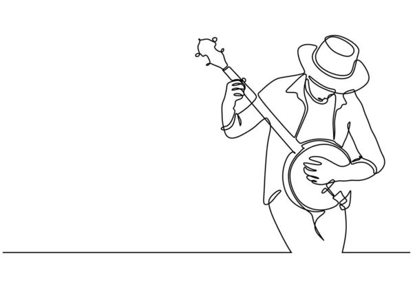 Desenho contínuo de uma linha de homem tocando banjo ilustração vetor de música. Instrumento de corda com uma membrana fina esticada. Design minimalista de minimalismo de simplicidade . —  Vetores de Stock