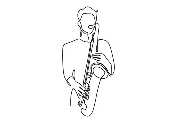 Eine Linienzeichnung einer Person mit Saxophon-Musikinstrument. Illustration der Themenbereiche Jazz, Folk und Orchester. — Stockvektor