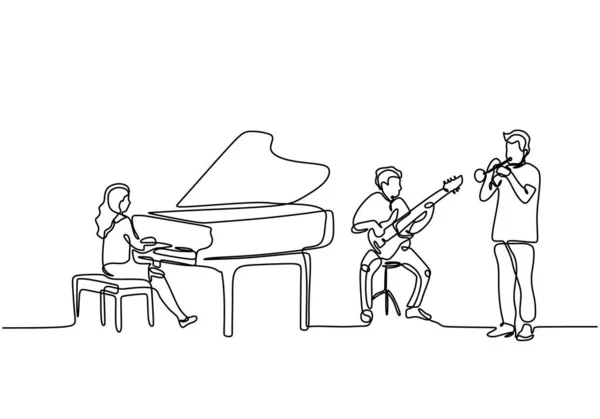 Dibujo continuo de la interpretación musical de la orquesta. Piano, guitarra y clarinete de trompeta. Artista músico concepto dibujo único diseño vector ilustración — Archivo Imágenes Vectoriales