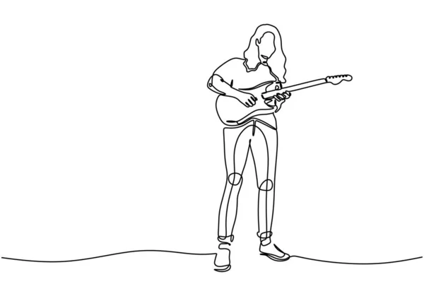 Kontinuierliche Linienzeichnung des Mannes, der E-Gitarre spielt Vektor Illustration Minimalismus — Stockvektor