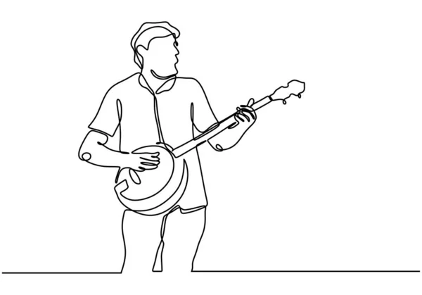 Continuous line drawing of man playing banjo guitar acoustic — Stock Vector