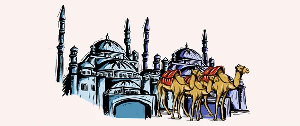 Moskee en kameel schets tekening met aquarel Vintage hand getrokken. — Stockvector