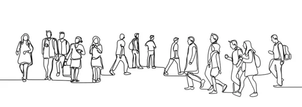城市通勤者一个连续线绘制简约设计草图手绘矢量插图。人们在城市街道上上班前或下班后行走. — 图库矢量图片