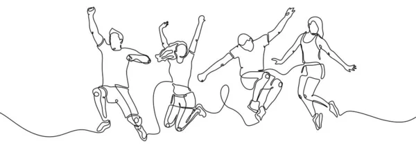 Disegno continuo di una linea di salto felici membri del team illustrazione vettoriale design semplice e minimalista. Gruppo di quattro persone salto e libertà . — Vettoriale Stock