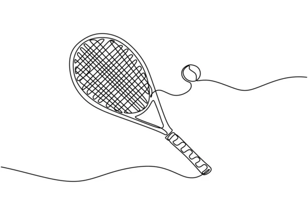 Continuo una línea de tenis tema deportivo con raqueta y pelota. Signo y símbolo de los deportes juego . — Vector de stock