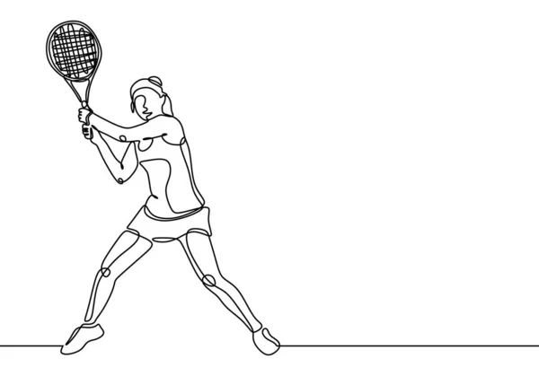 Tennis spelare kontinuerlig en linje ritning minimalism stil sportspel. Ung flicka som leker med racket under matchen. — Stock vektor