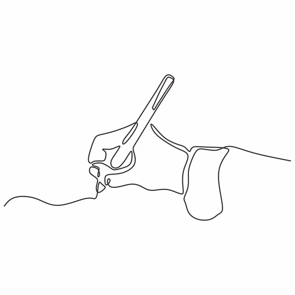 Één lijntekening van hand schrijven met een pen op papier vector illustratie hand getekende minimalisme — Stockvector