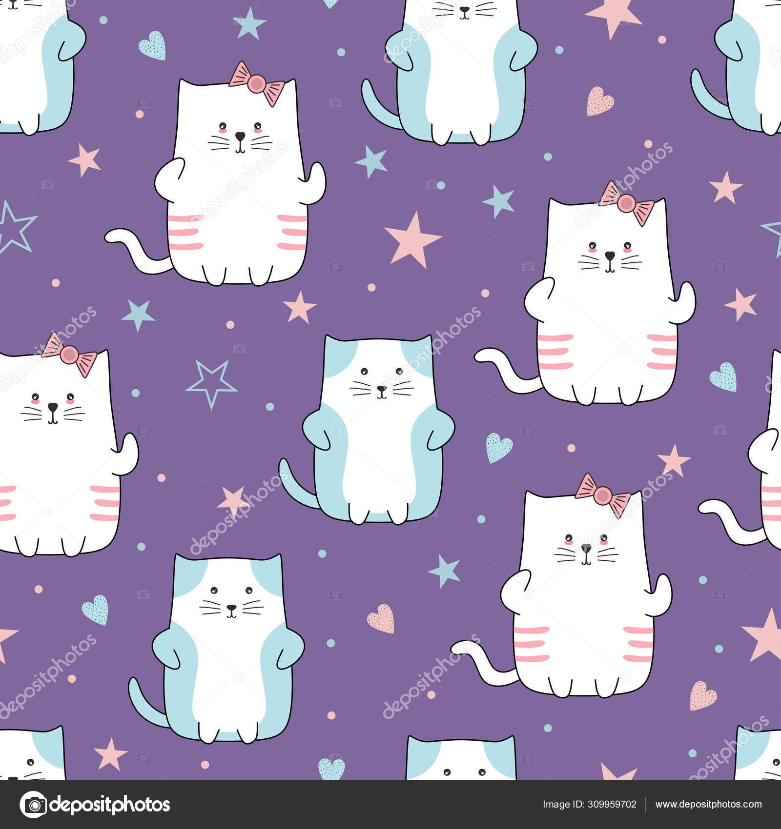 Søte katter tegner sømløs tegneseriestil. Pussig kattedyrtegning -  bakgrunnsillustrasjon klar for baby- og barnetrykk . stockvektor ©  ngupakarti #309959702, image size:1600x1700