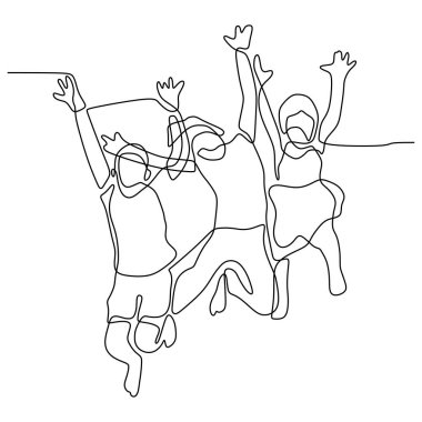 Mutlu çocuklar sürekli çizgi çizim minimalist tasarım bir el beyaz arka plan üzerinde izole çizilmiş atlama