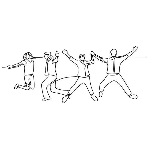 Dibujo en línea continua del grupo de cuatro personas saltar feliz momento mujeres y hombres aislados sobre fondo blanco — Archivo Imágenes Vectoriales