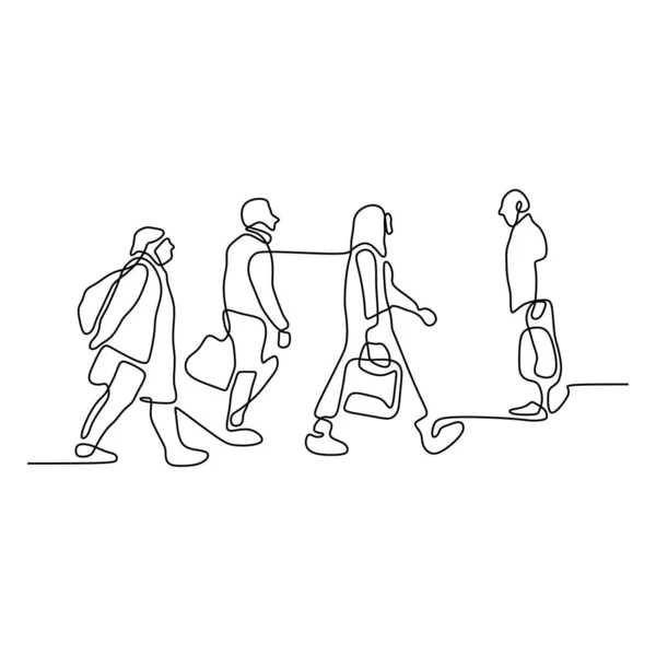 Dibujo continuo de la línea de la gente que camina en la calle después del tiempo de trabajo diseño lineal minimalista dibujado a mano conteptual aislado en la ilustración del vector de fondo blanco — Archivo Imágenes Vectoriales