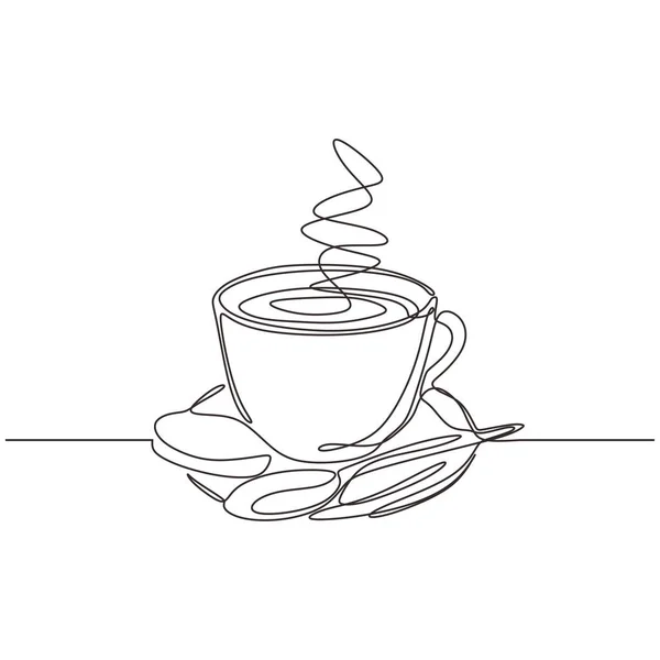 Taza de café de una línea de dibujo con plato y cuchara. Ilustración continua del vector dibujado a mano . — Archivo Imágenes Vectoriales