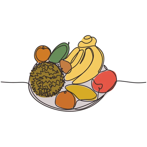 Frutos en un plato una línea continua dibujo vector ilustración tema de alimentos. Fruta sana y fresca de una sola mano dibujada con color aislado sobre fondo blanco diseño minimalista . — Archivo Imágenes Vectoriales