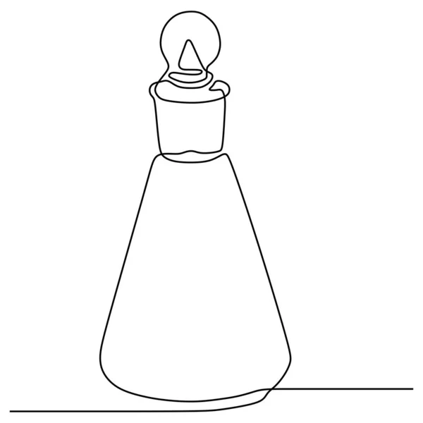 Uma linha desenhando um frasco de ciência química. Tecnologia científica pesquisa medicina vidro equipamento design um esboço desenho desenho vetor ilustração —  Vetores de Stock
