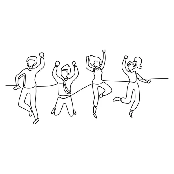 Linha contínua desenho de pessoas felizes saltar momento feliz jovem macho e fêmea isolado no fundo branco —  Vetores de Stock