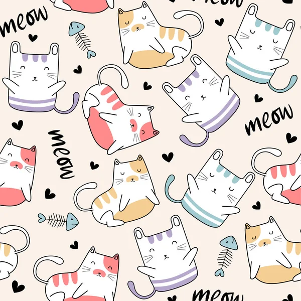 Naadloze patroon met schattige kat grappige stijl. Cartoon karakter trendy design voor baby en kinderen mode textiel print. Vector illustratie kinderachtig gezicht. — Stockvector