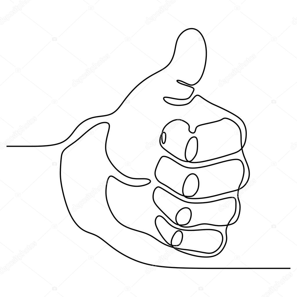 Single line drawing thumbs up hand gesture concept of fine, agree, and okay