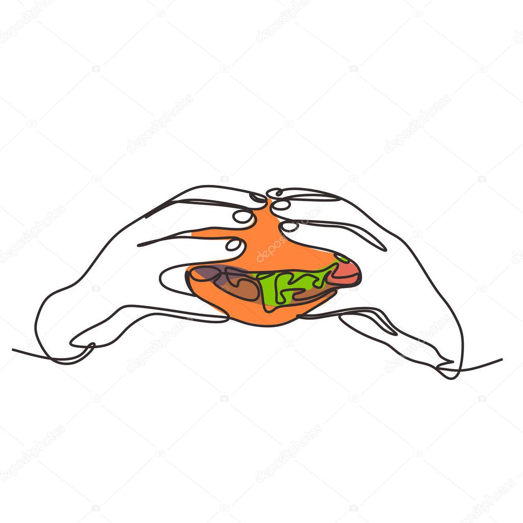 Continuous one line drawing hand holding burger fast food vector illustration. Concept of eating for meal.