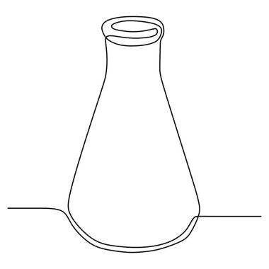 Sürekli çizgi sanat çizim kimya bilimi şişesi. Bilimsel teknoloji araştırma tıp cam ekipman tasarımı bir kroki anahat çizim vektör illüstrasyon