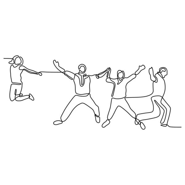 As pessoas saltam linha contínua desenho de grupo de quatro pessoas isoladas no fundo branco — Vetor de Stock