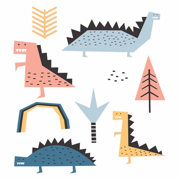 Динозавр скандинавский рисунок набор дизайнерских векторных иллюстраций коллекции. Забавный детский стиль для детей и детская мода . — стоковый вектор