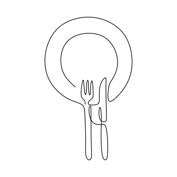 Assiette, couteau et fourchette. Un dessin en ligne continu Illustration vectorielle design minimaliste . — Image vectorielle