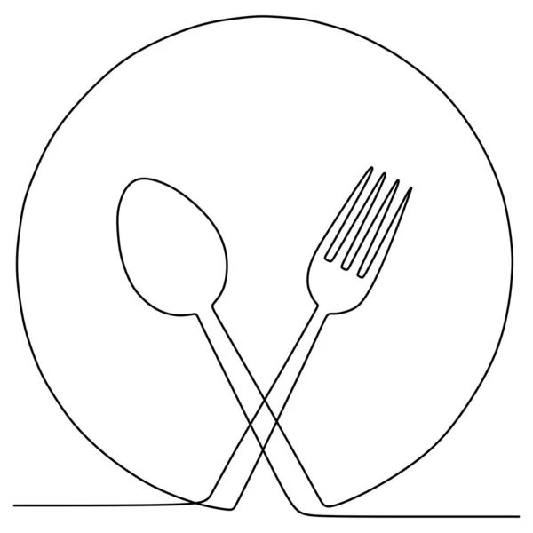 En enda kontinuerlig linjeplatta, kniv och gaffel. Vektor illustration minimalistisk design. — Stock vektor