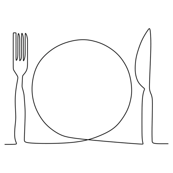 한 줄로 늘어선 접시, 칼 과 포크. 벡터 일러스트 미니멀리즘 디자인. — 스톡 벡터