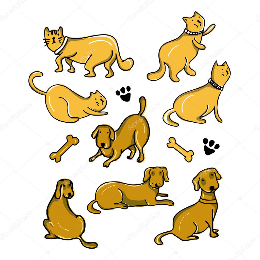 cat and dog cartoon drawing set design vector illustration pack collections. Cute characters.