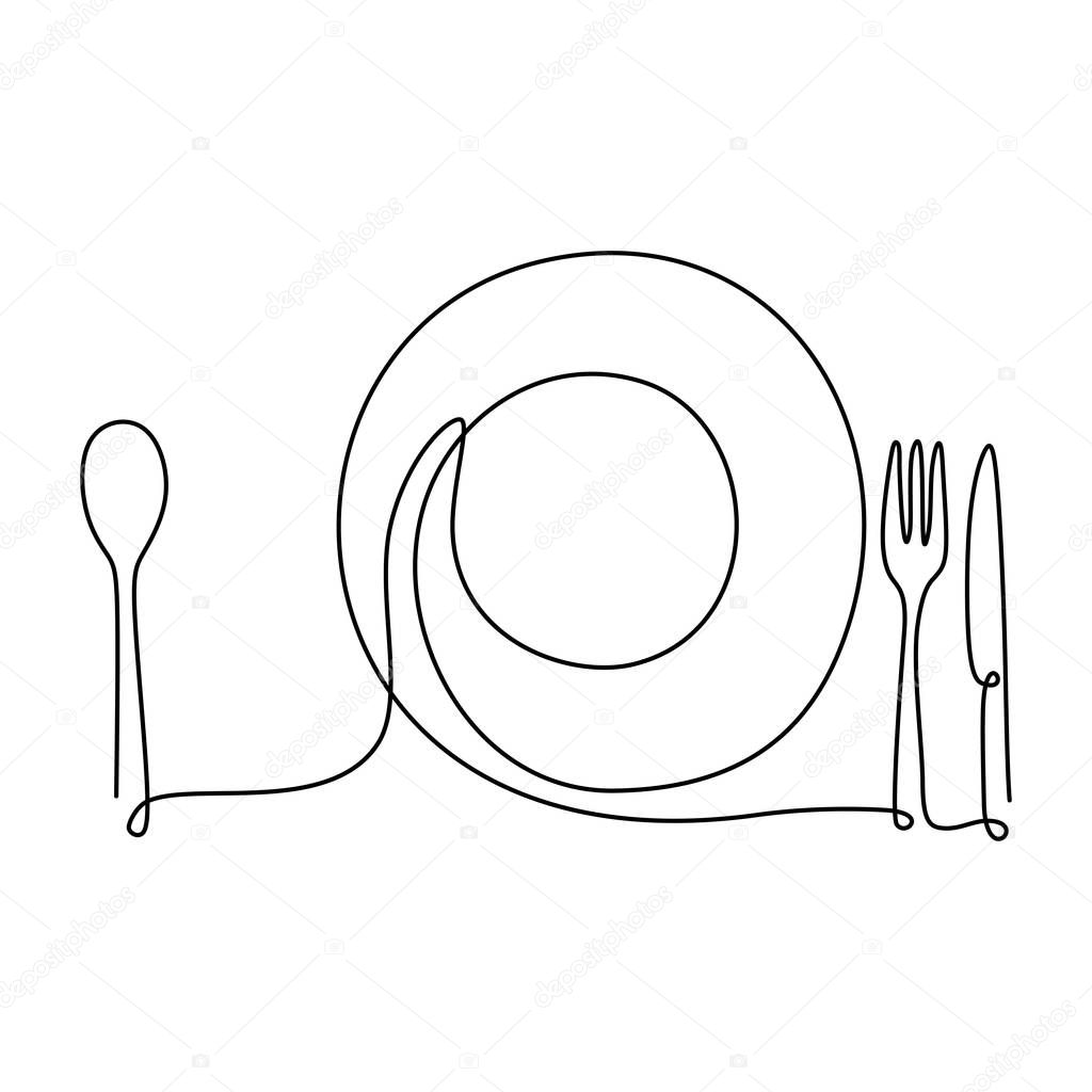 One continuous line plate, knife and fork. Vector illustration minimalist design.