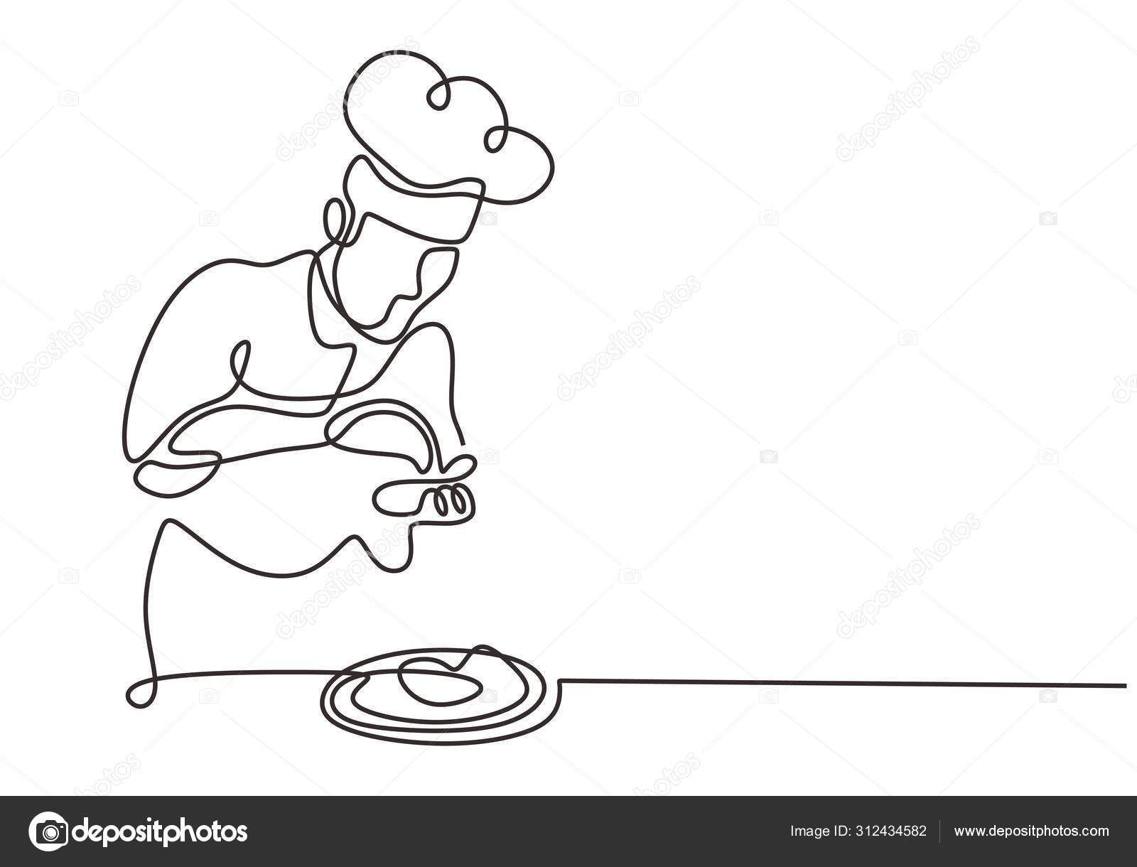 Enkelt linje tegning af kok forbereder mad vektor illustration. Minimalisme  håndtegnet skitse design enkelhed stil . Stockvektor af ©ngupakarti  312434582, image size:1600x1220