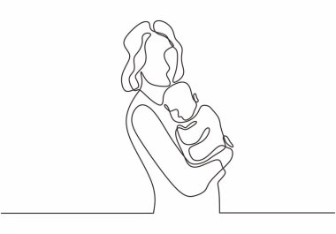 Mutlu anne ve bebek aralıksız çizgi çizimi vektör çizimi basitlik çizgi sanatı.