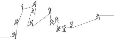 Futbol maçının kesintisiz tek çizgi çizimi. Sahada oynayan insanların takım maçı. İki takım saldırı ve savunma konsepti. Vektör minimalist tasarımı.