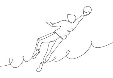 Continuous one line drawing of football player jump and catch the ball. Concept of keeper defense during match game. Vector illustration sport theme.